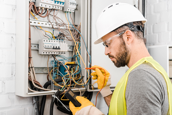 electricien qui effectue un contrôle dans un panneau électrique avec son diagnostique