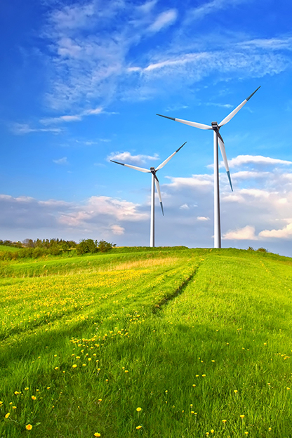 Éoliennes dans un paysage verdoyant symbolisant l'énergie renouvelable et la protection de l'environnement, élément clé du métier de conseiller en environnement