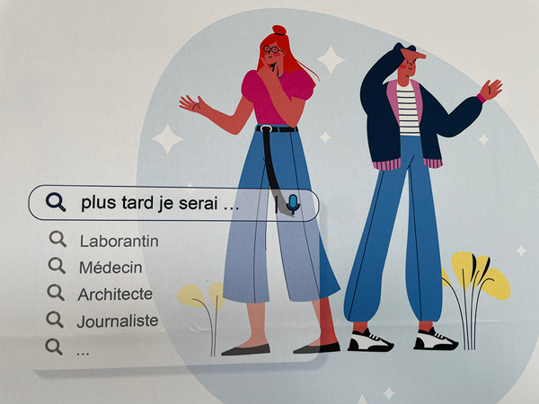 dessin en illustration avec une barre de recherche comportant des mots clés : plus tard je serai... Laborantin, Médecin, etc...