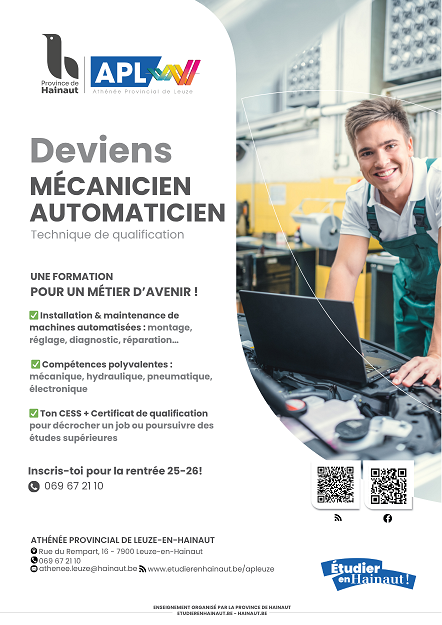 DEVIENS MECANICIEN-AUTOMATICIEN A L'ATHENEE PROVINCIAL DE LEUZE!