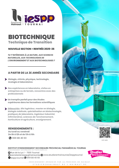 BIOTECHNIQUE : Nouvelle section à l’IESPP Tournai pour la rentrée 2025-26