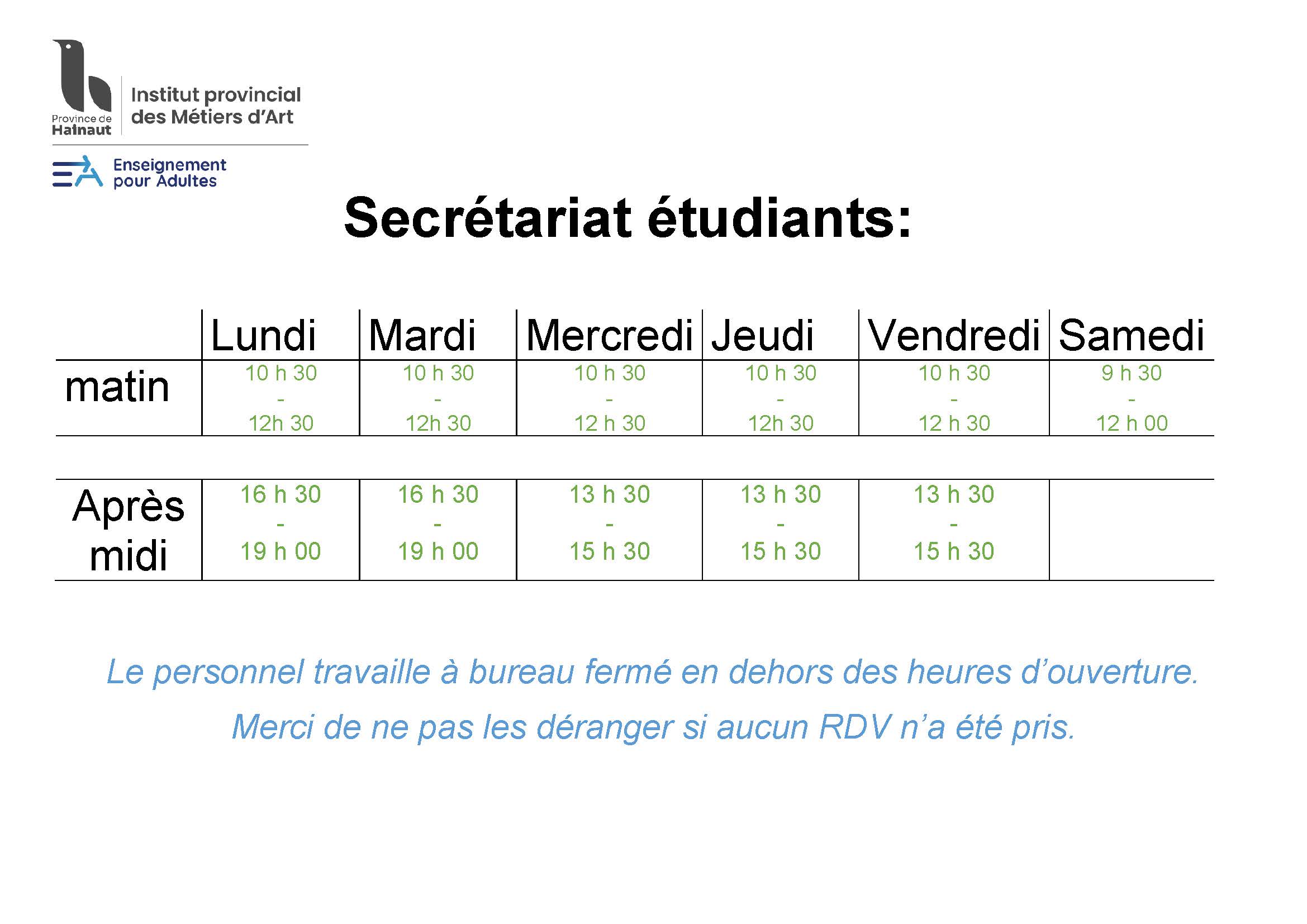 horaire secrétariat étudiants