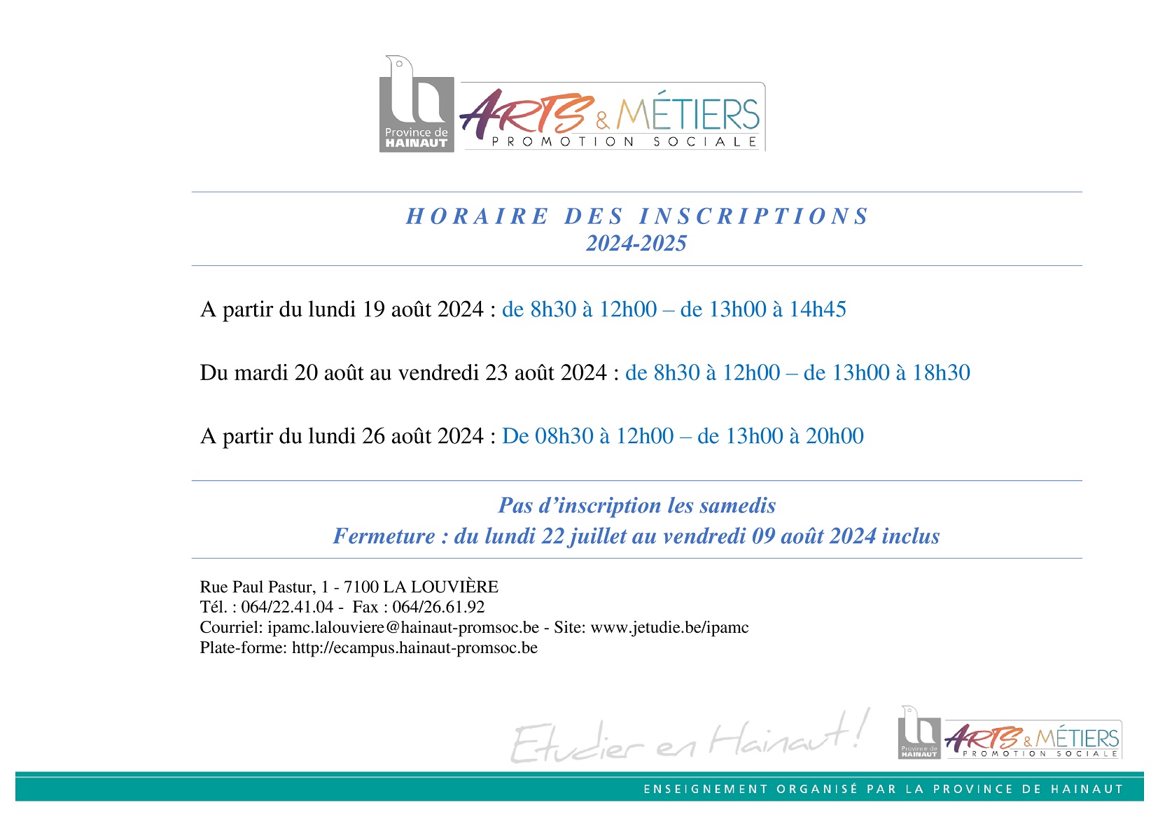 horaire inscriptions 2024 2025 NEW