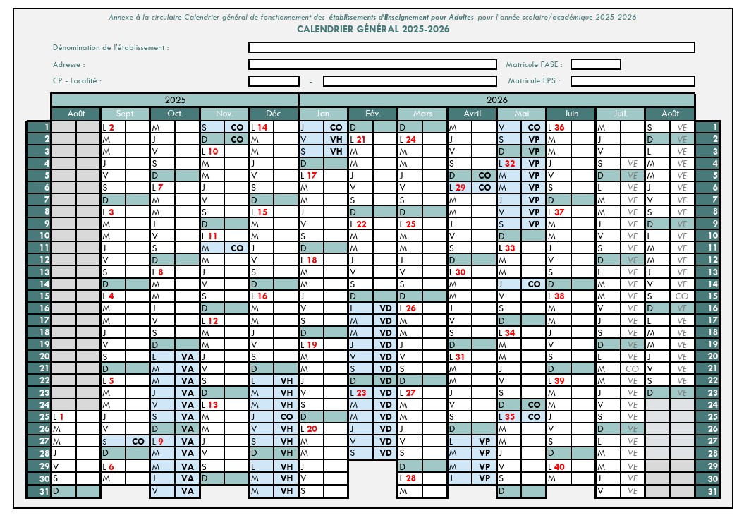 CALENDRIER FONCTIONNEMENT 25 26