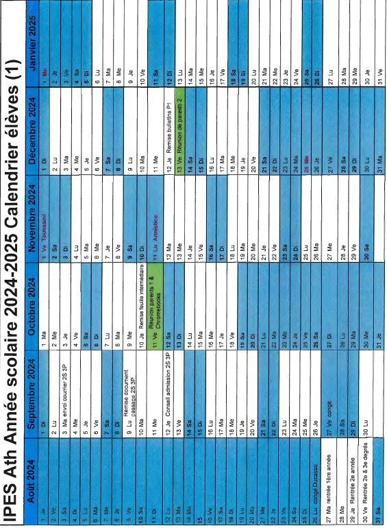 Calendrier scolaire 24 25 de Août à Janvier