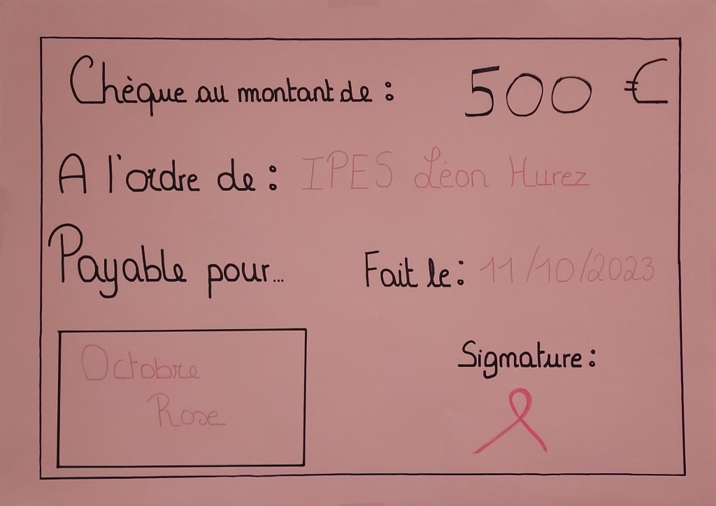 Chèque de 500€ récolté par Nos élèves Techniques sociales et Esthéticien(ne) socia(e)